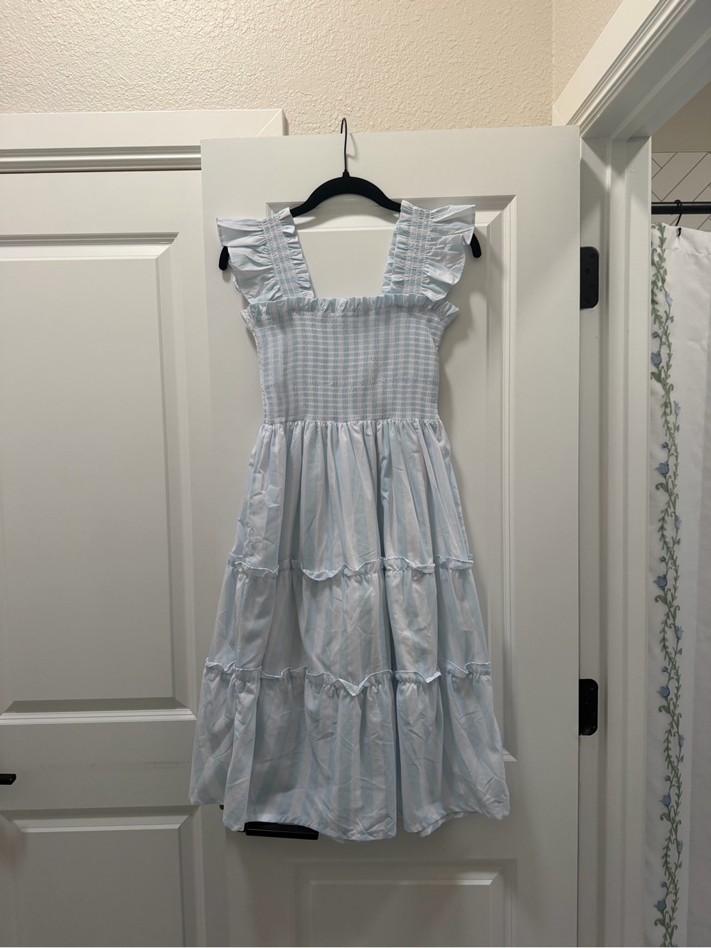 Busy Bee Smocks Ruffle-Strap Light Blue and White Midi Dress